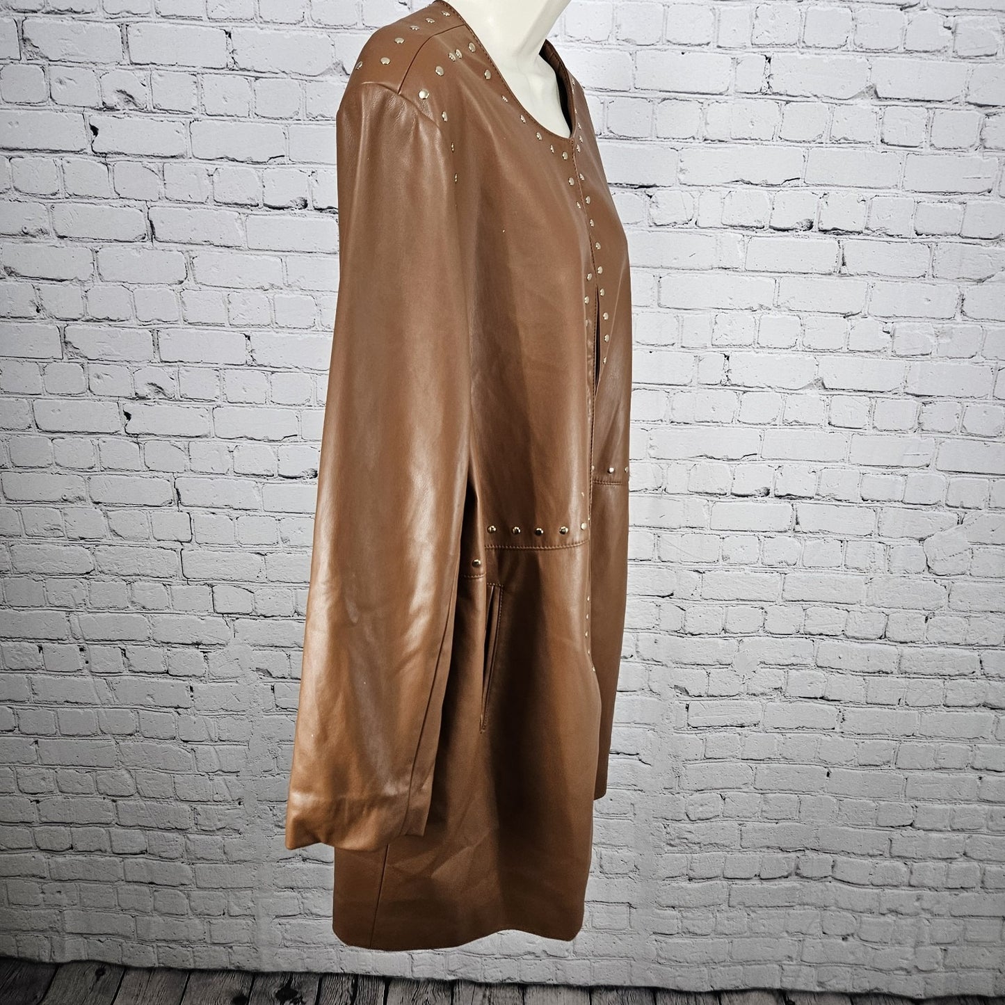 Chico's Brown Faux Leather Gold Studded Lined Long Jacket Coat 4 US 20/22