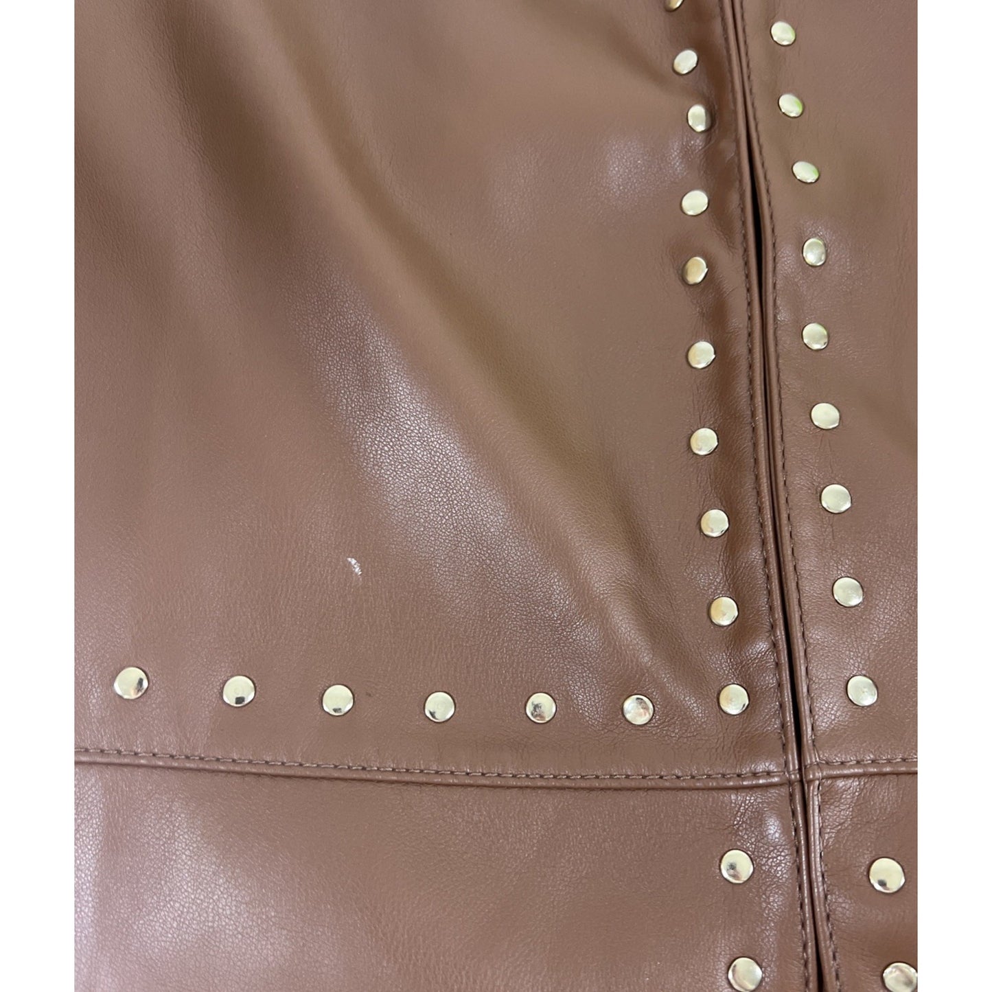 Chico's Brown Faux Leather Gold Studded Lined Long Jacket Coat 4 US 20/22