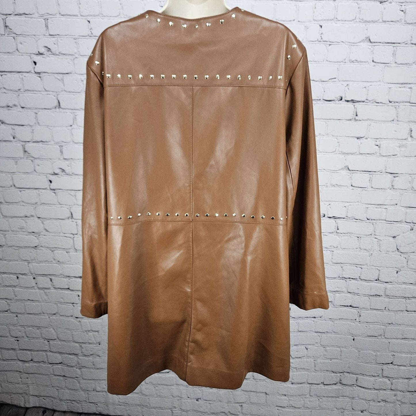 Chico's Brown Faux Leather Gold Studded Lined Long Jacket Coat 4 US 20/22