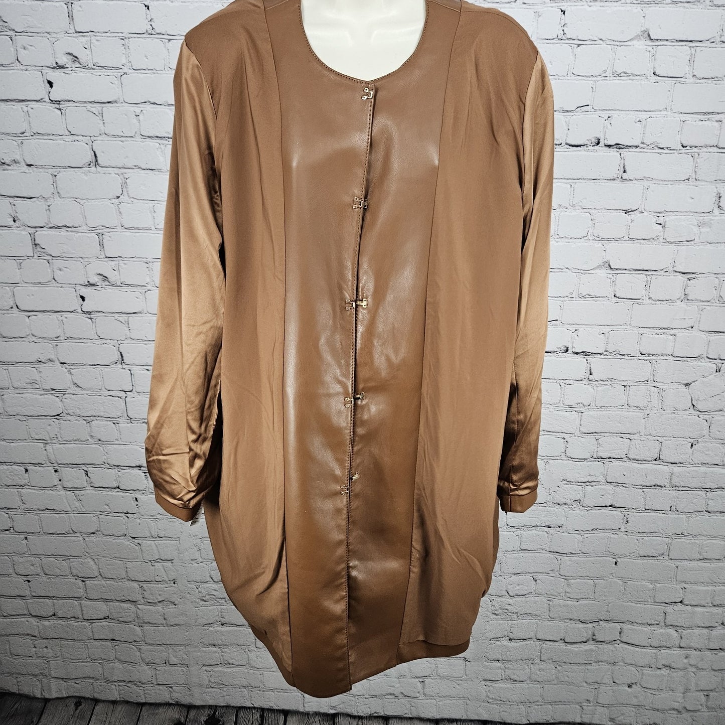 Chico's Brown Faux Leather Gold Studded Lined Long Jacket Coat 4 US 20/22