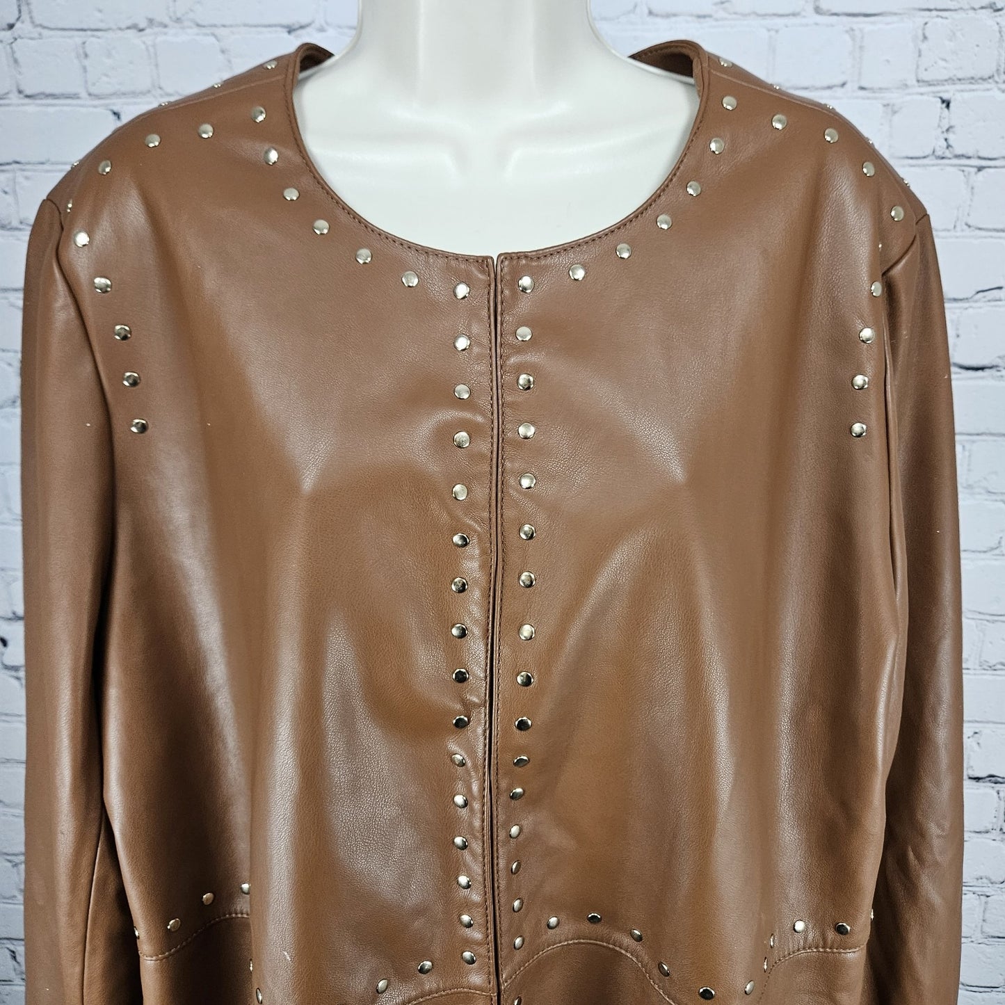 Chico's Brown Faux Leather Gold Studded Lined Long Jacket Coat 4 US 20/22