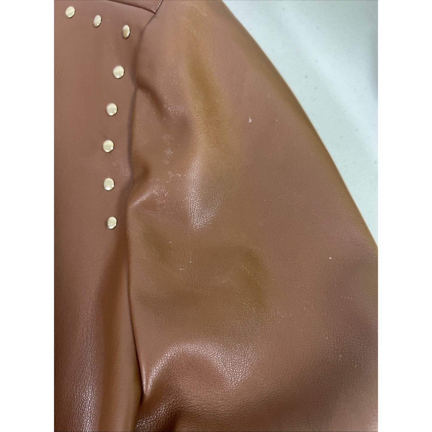 Chico's Brown Faux Leather Gold Studded Lined Long Jacket Coat 4 US 20/22
