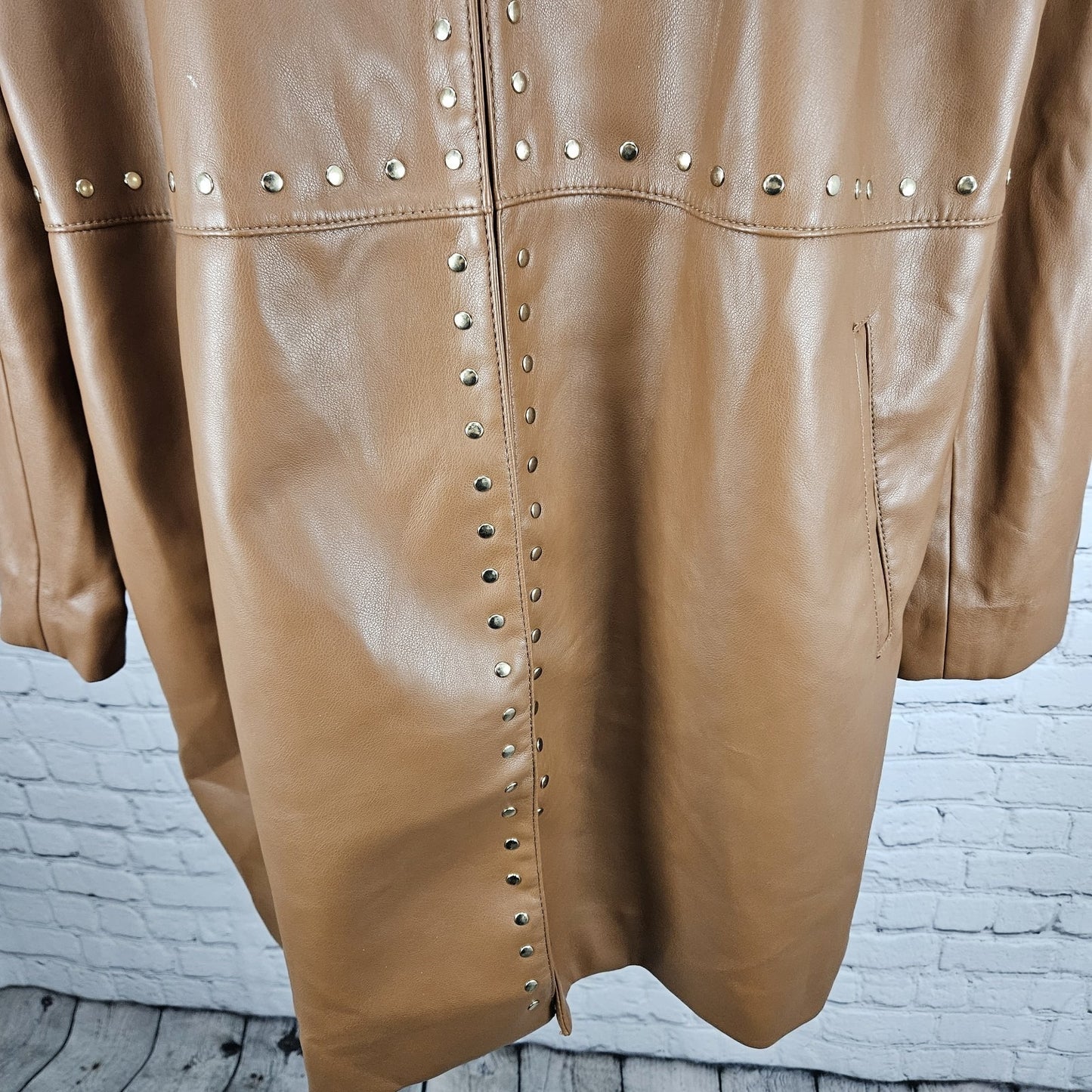 Chico's Brown Faux Leather Gold Studded Lined Long Jacket Coat 4 US 20/22