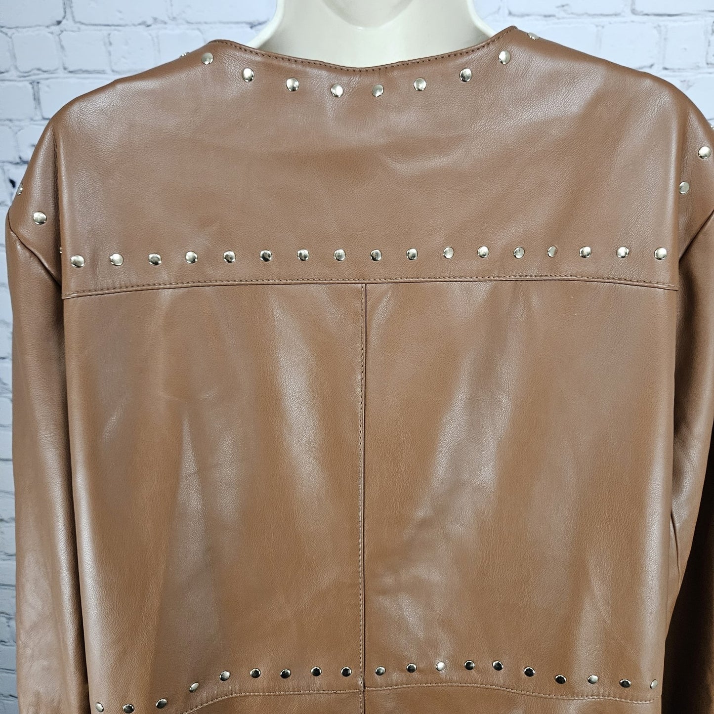 Chico's Brown Faux Leather Gold Studded Lined Long Jacket Coat 4 US 20/22