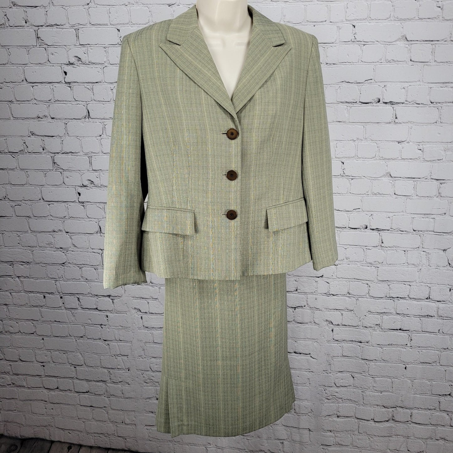 Kasper Beige Check 3 Button Peak Lined Jacket Skirt Suit 2 Piece Set Size 12P