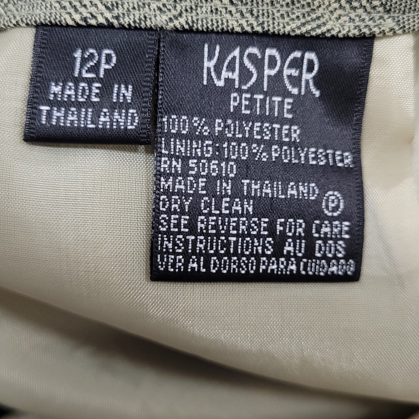 Kasper Beige Check 3 Button Peak Lined Jacket Skirt Suit 2 Piece Set Size 12P
