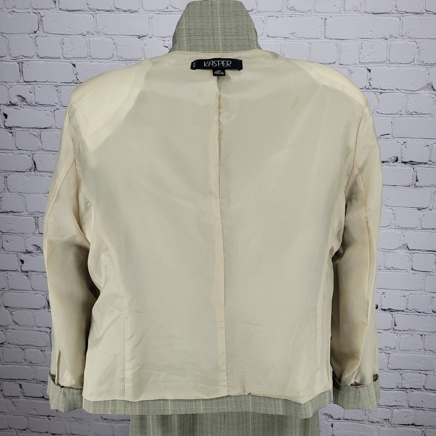 Kasper Beige Check 3 Button Peak Lined Jacket Skirt Suit 2 Piece Set Size 12P