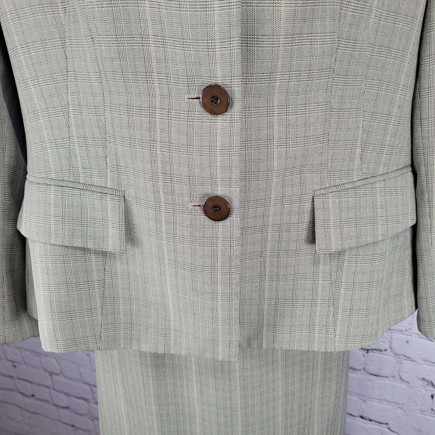 Kasper Beige Check 3 Button Peak Lined Jacket Skirt Suit 2 Piece Set Size 12P