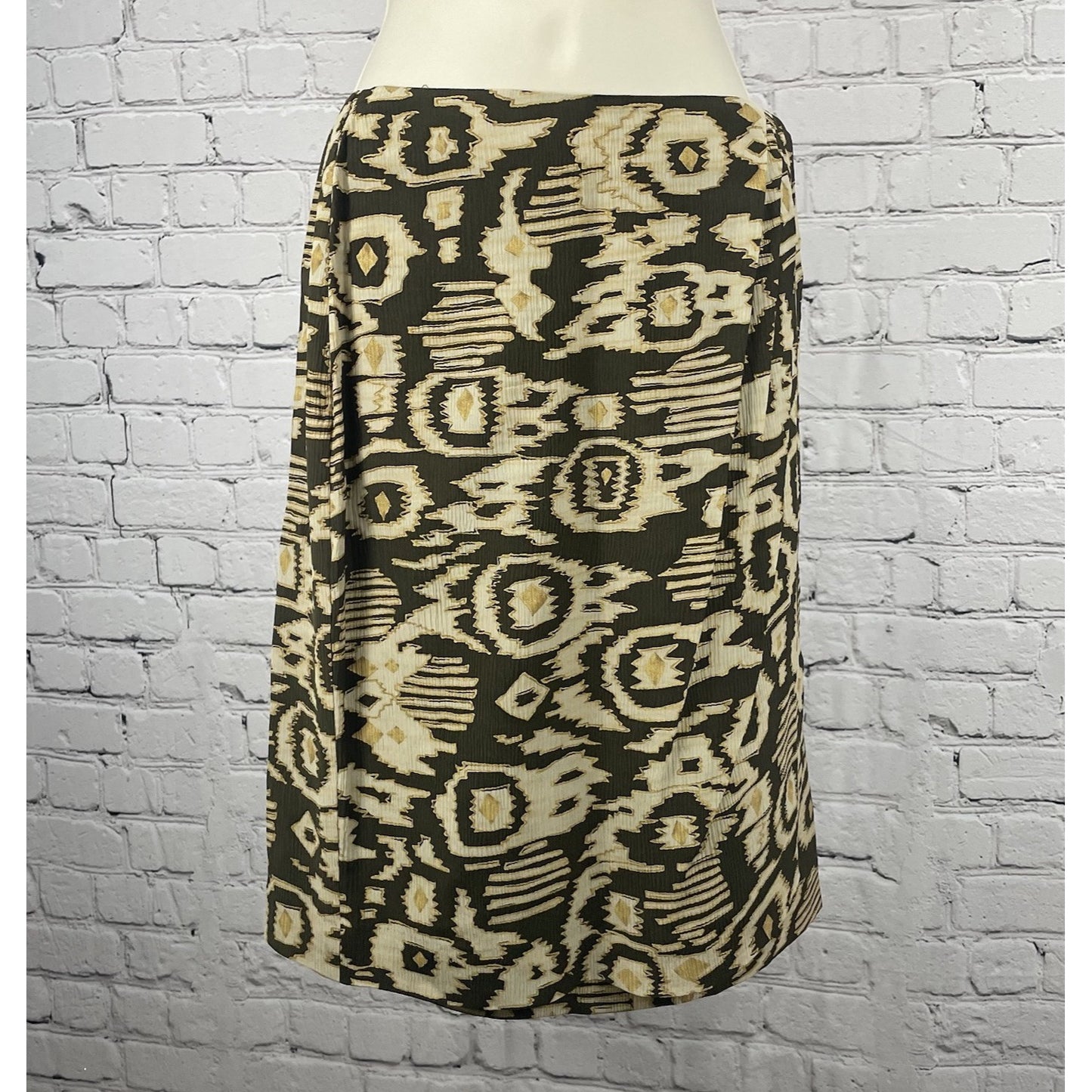 Liz Claiborne Green Gold 100% Silk Print Wrap Pleated Skirt Lined Size 8