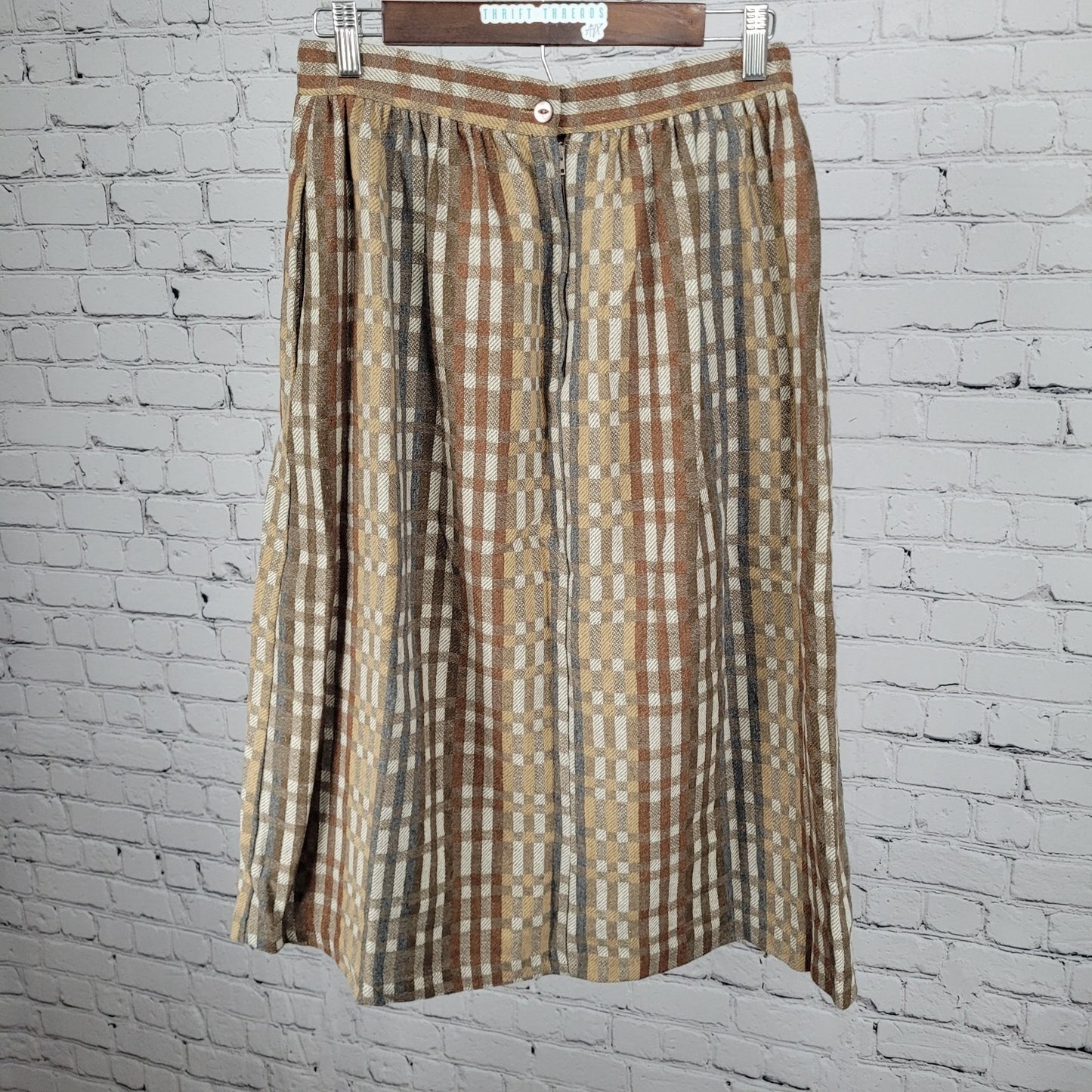 VTG Marsha Brown Wool Blend Plaid Pleated Back Zip Unlined A-Line Midi Skirt 12