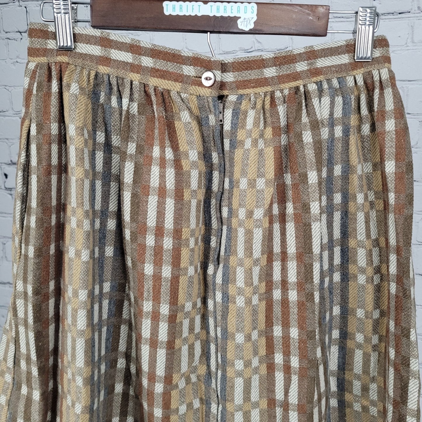VTG Marsha Brown Wool Blend Plaid Pleated Back Zip Unlined A-Line Midi Skirt 12