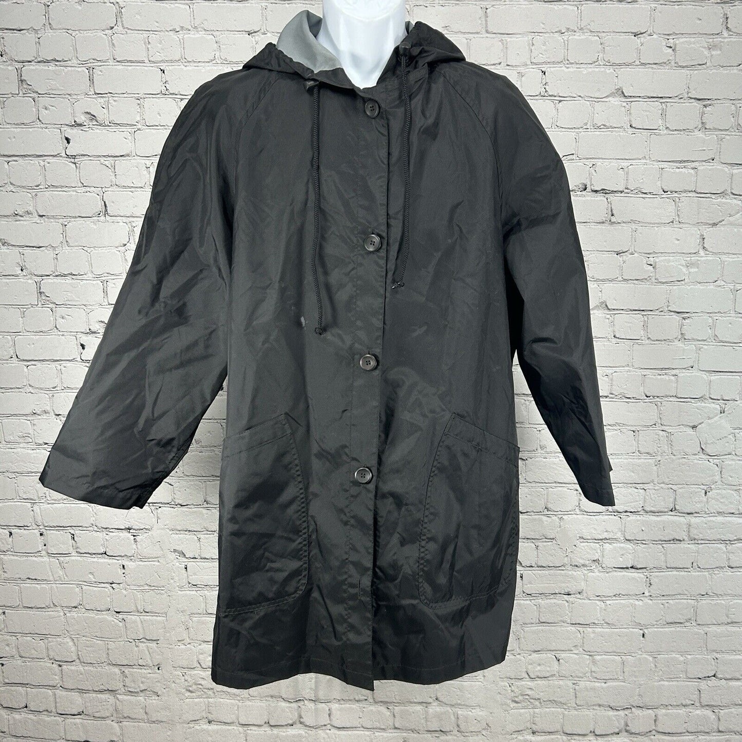 London Fog Black Button Up Adjustable Hooded Windbreaker Jacket Medium M Reg