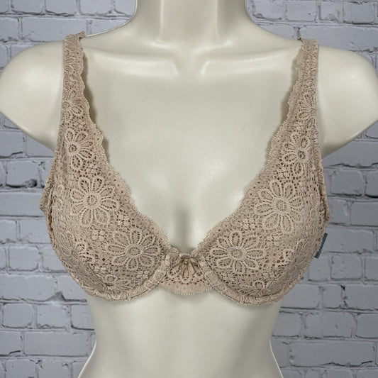 Aerie Beige Floral Lace Mesh Unlined Plunge Underwire Adjustable Bra Size 34A