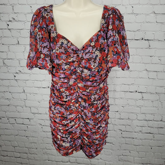 Zara Multicolor Floral Metallic Ruched Puff Sleeve Lined Dress Size Large L
