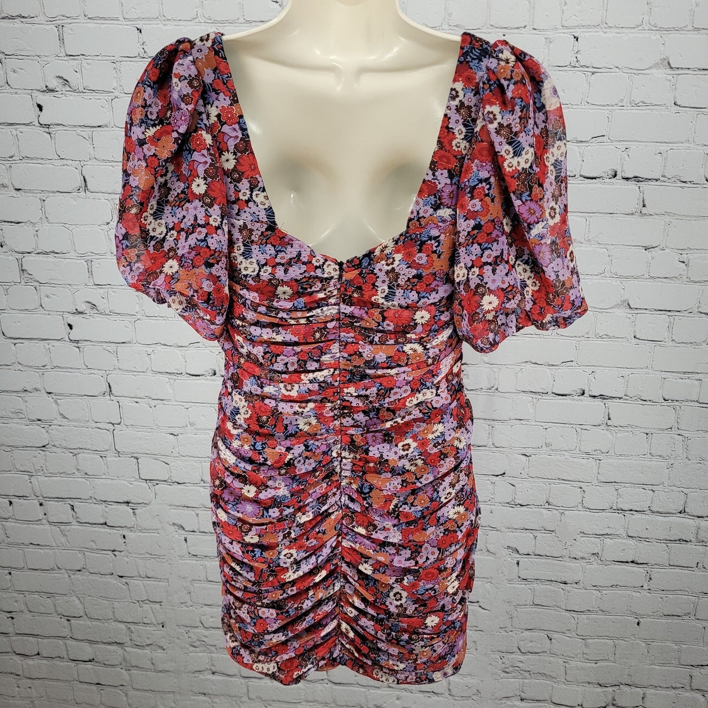 Zara Multicolor Floral Metallic Ruched Puff Sleeve Lined Dress Size Large L