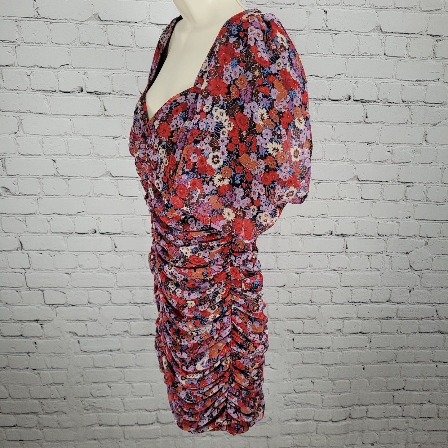 Zara Multicolor Floral Metallic Ruched Puff Sleeve Lined Dress Size Large L