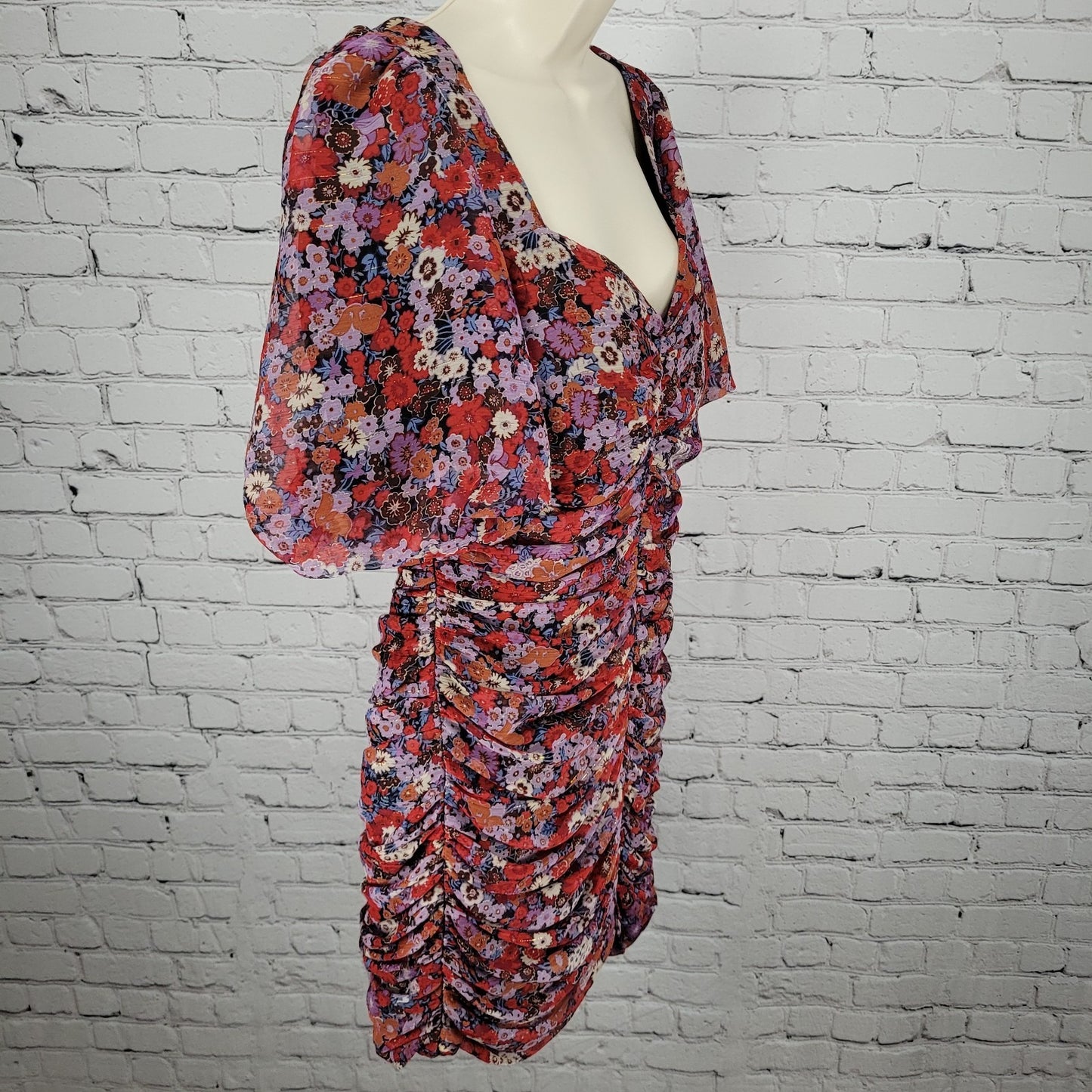 Zara Multicolor Floral Metallic Ruched Puff Sleeve Lined Dress Size Large L