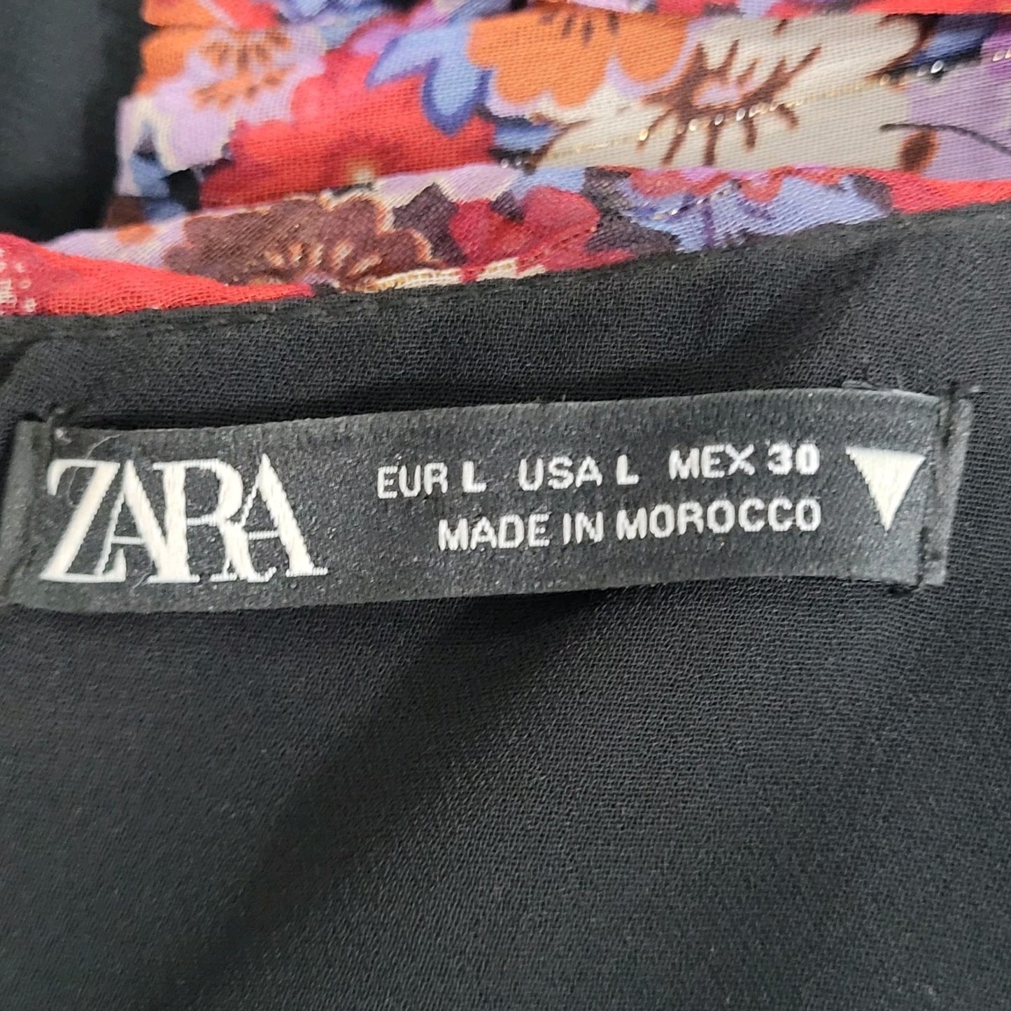 Zara Multicolor Floral Metallic Ruched Puff Sleeve Lined Dress Size Large L