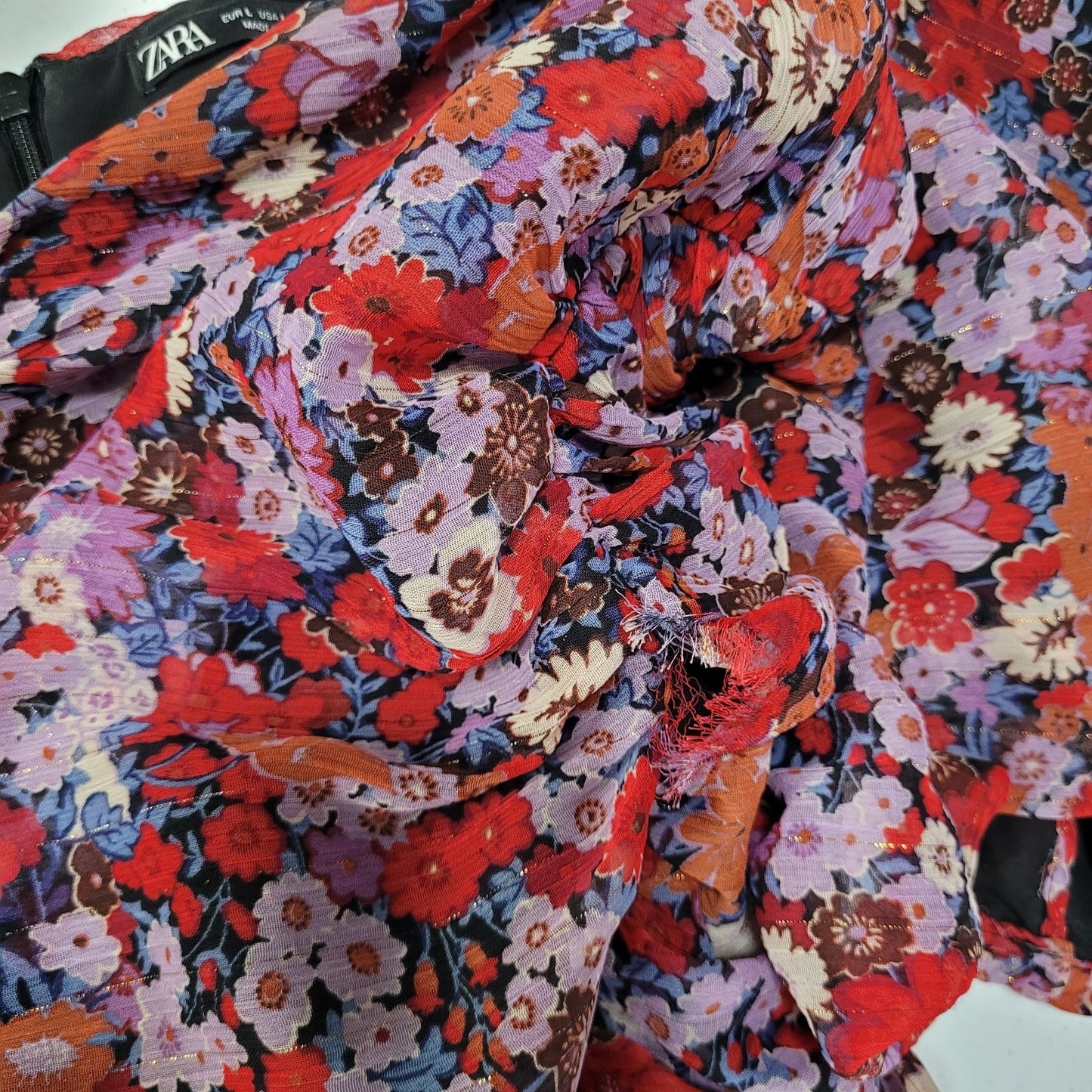 Zara Multicolor Floral Metallic Ruched Puff Sleeve Lined Dress Size Large L