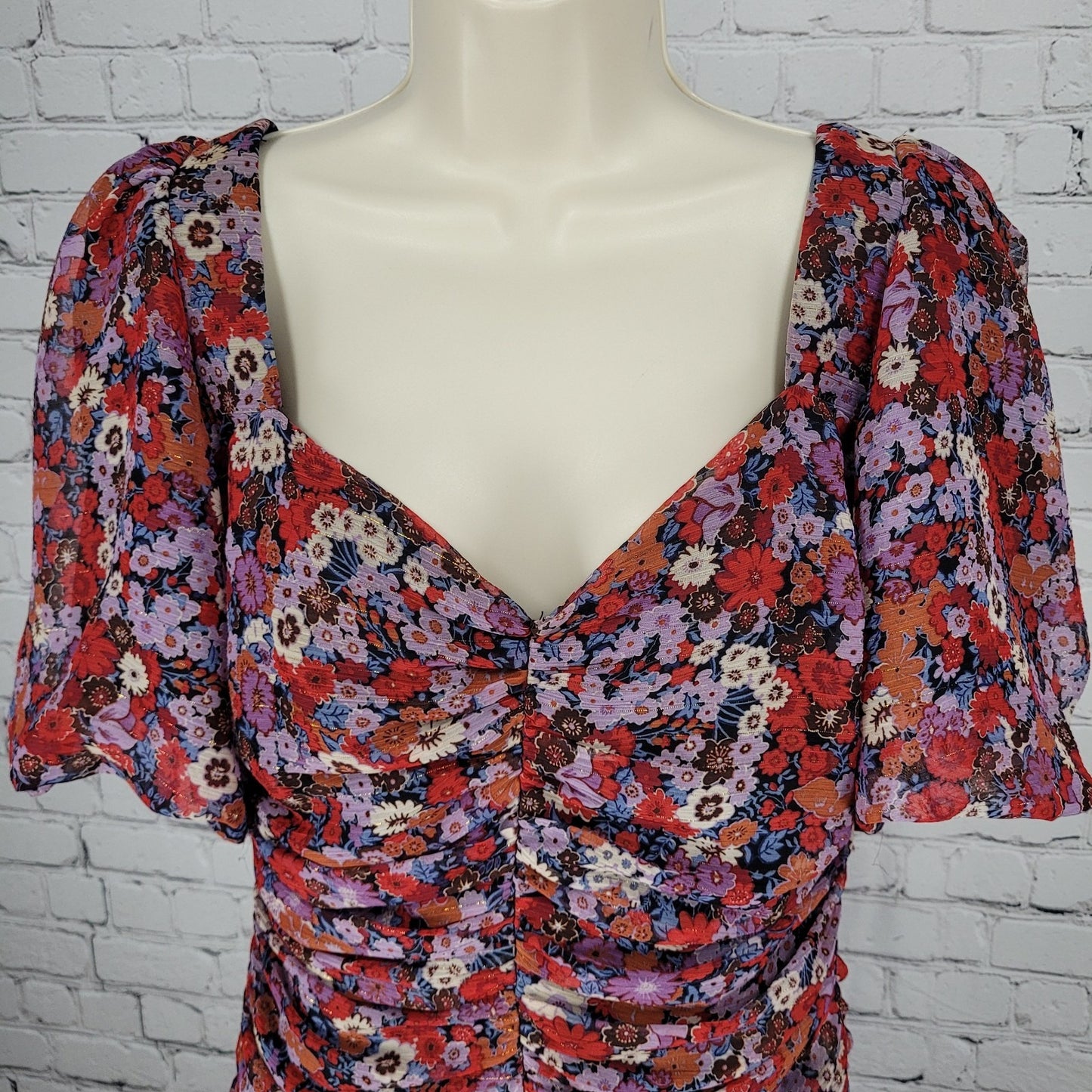 Zara Multicolor Floral Metallic Ruched Puff Sleeve Lined Dress Size Large L
