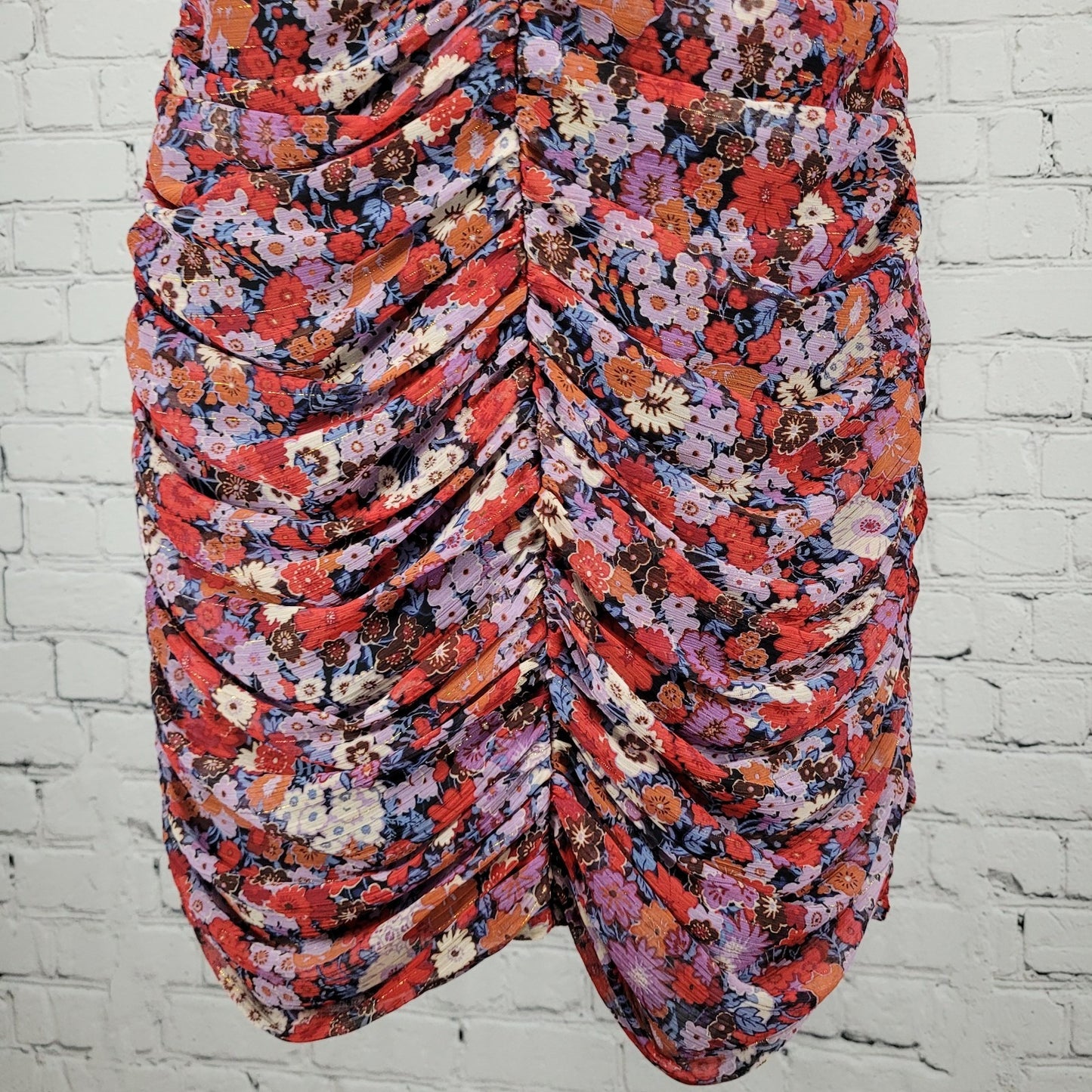 Zara Multicolor Floral Metallic Ruched Puff Sleeve Lined Dress Size Large L
