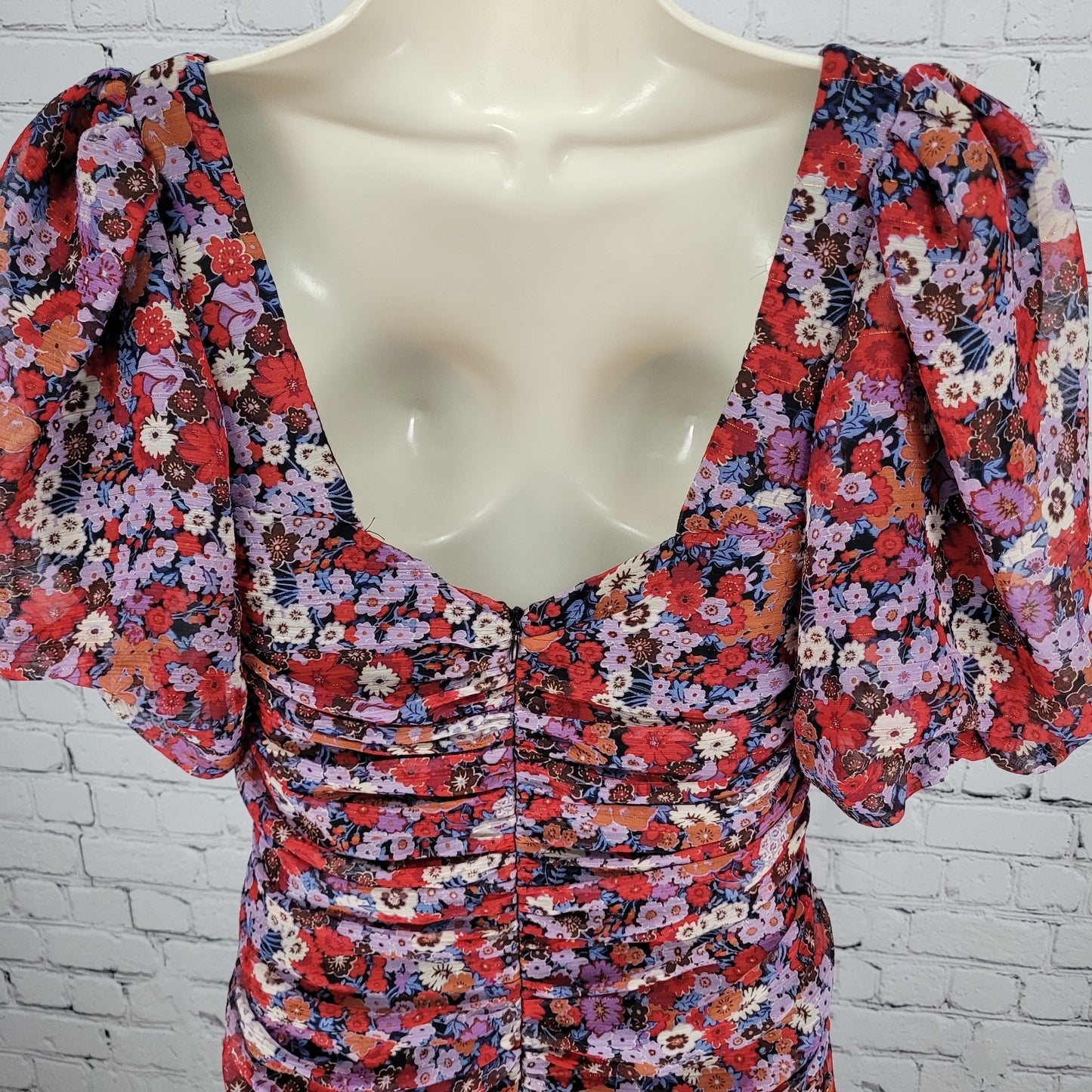 Zara Multicolor Floral Metallic Ruched Puff Sleeve Lined Dress Size Large L