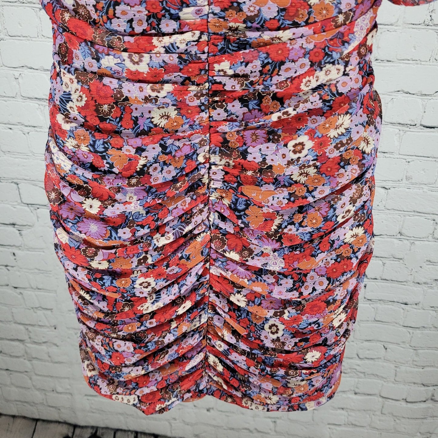 Zara Multicolor Floral Metallic Ruched Puff Sleeve Lined Dress Size Large L