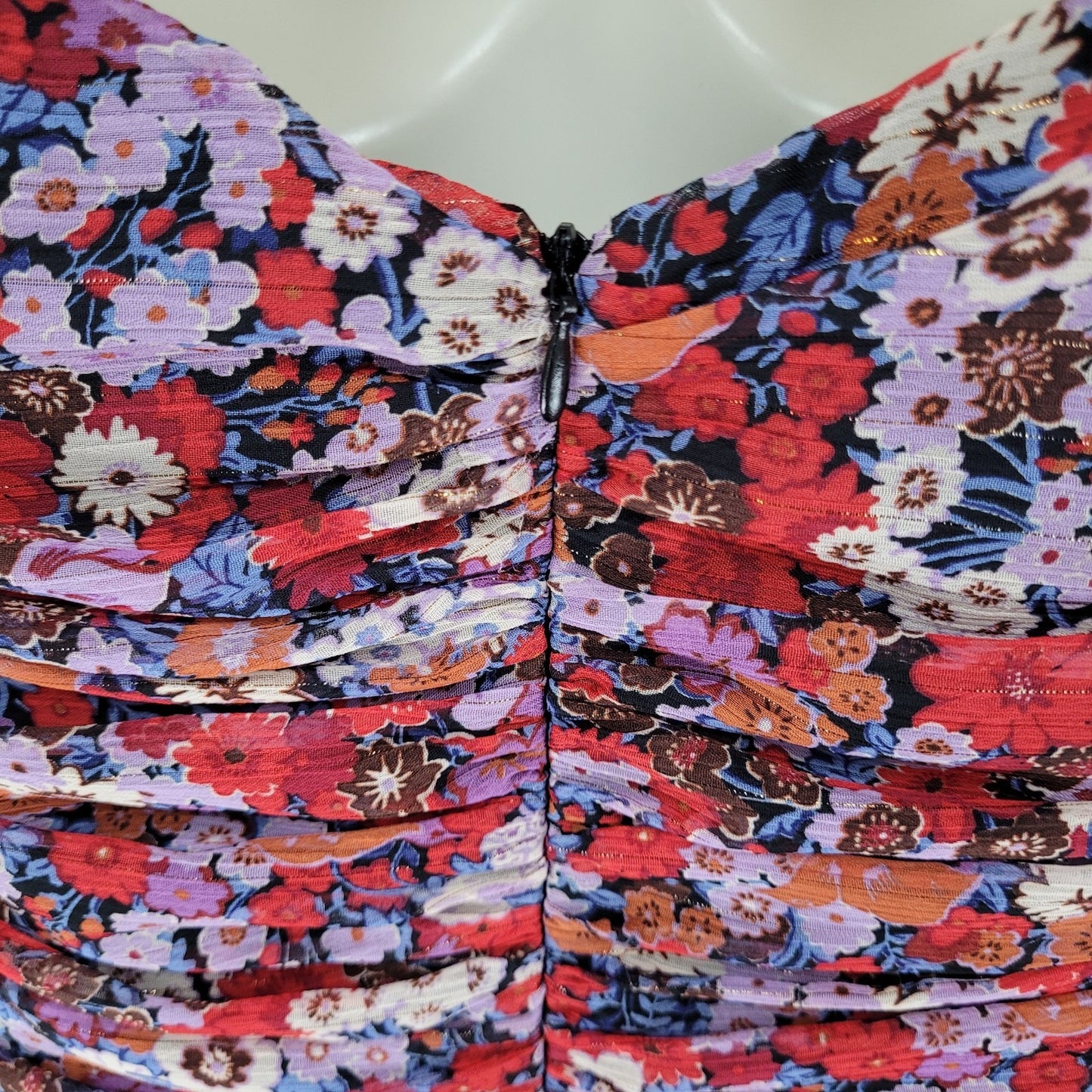 Zara Multicolor Floral Metallic Ruched Puff Sleeve Lined Dress Size Large L