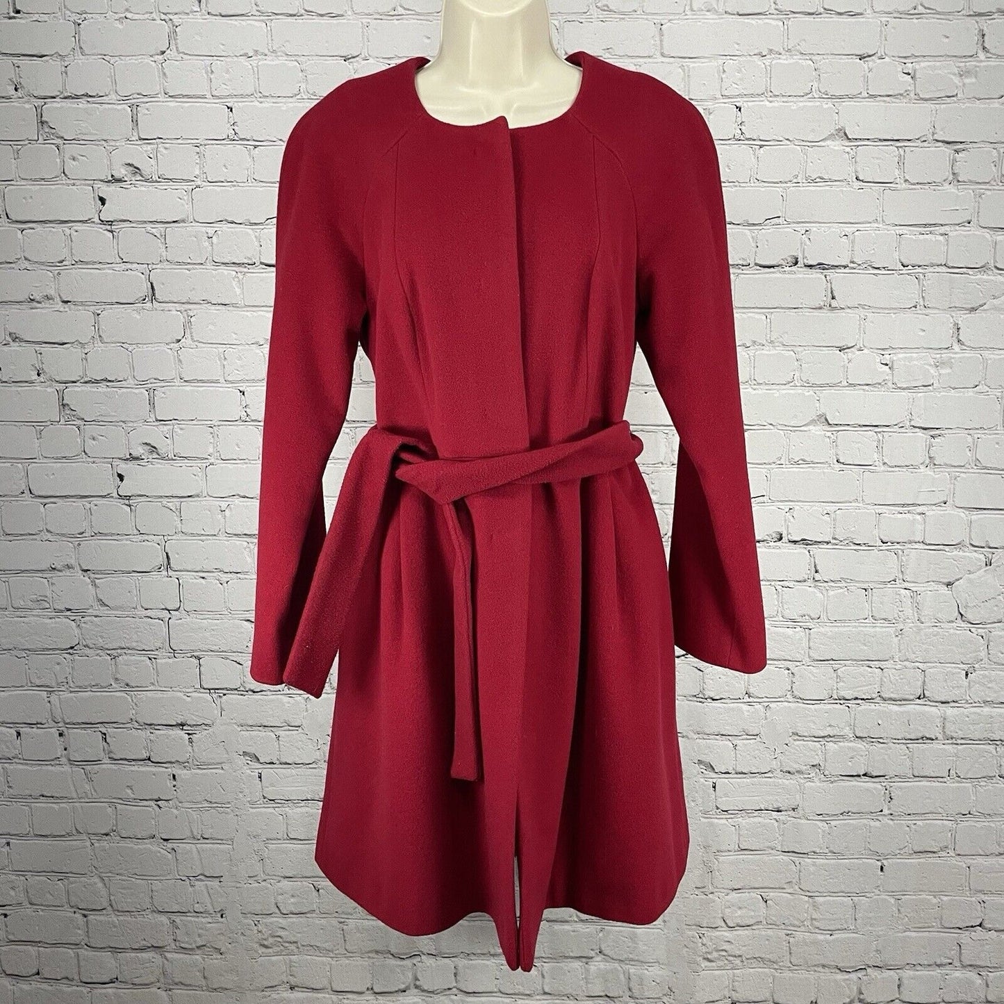 Alfani Red 100% Wool Long Snap Coat Belted Classic Pleated Lined Size XS