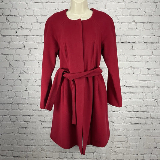 Alfani Red 100% Wool Long Snap Coat Belted Classic Pleated Lined Size XS