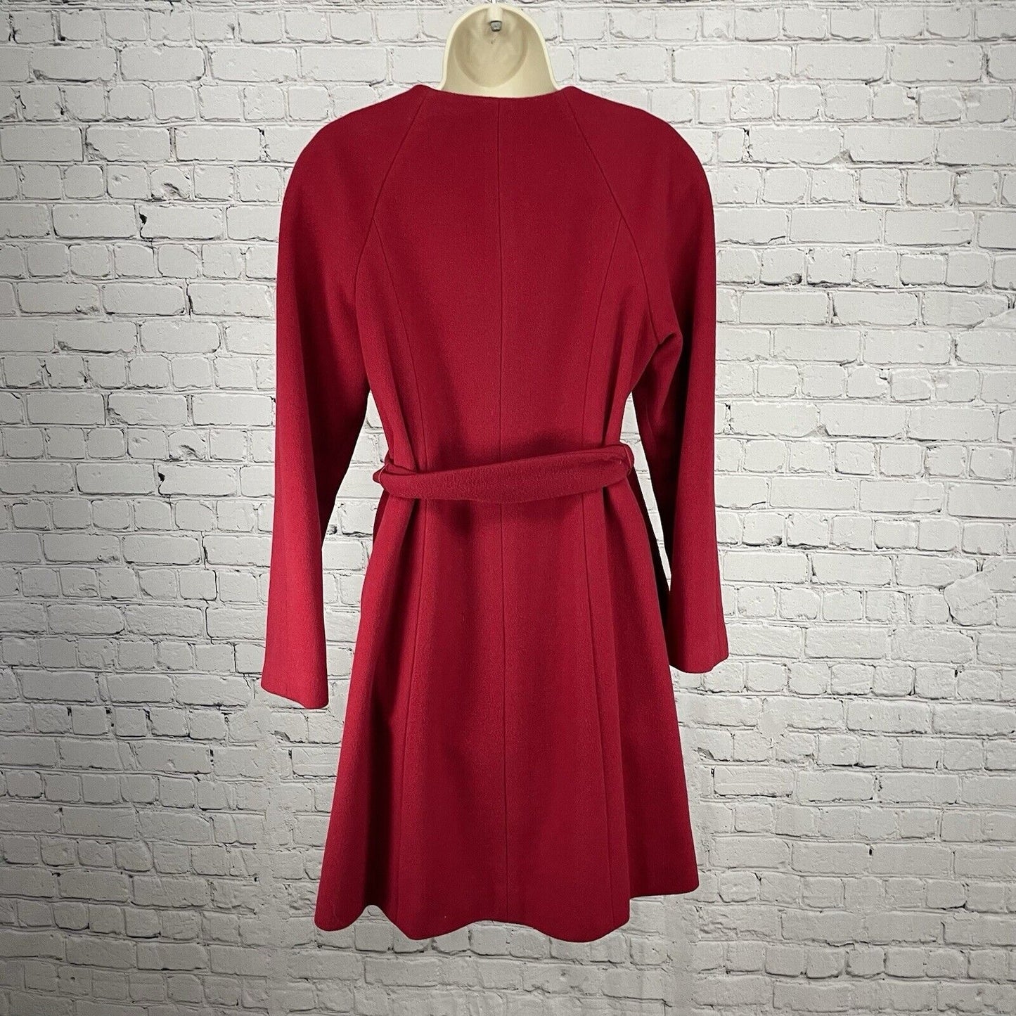 Alfani Red 100% Wool Long Snap Coat Belted Classic Pleated Lined Size XS