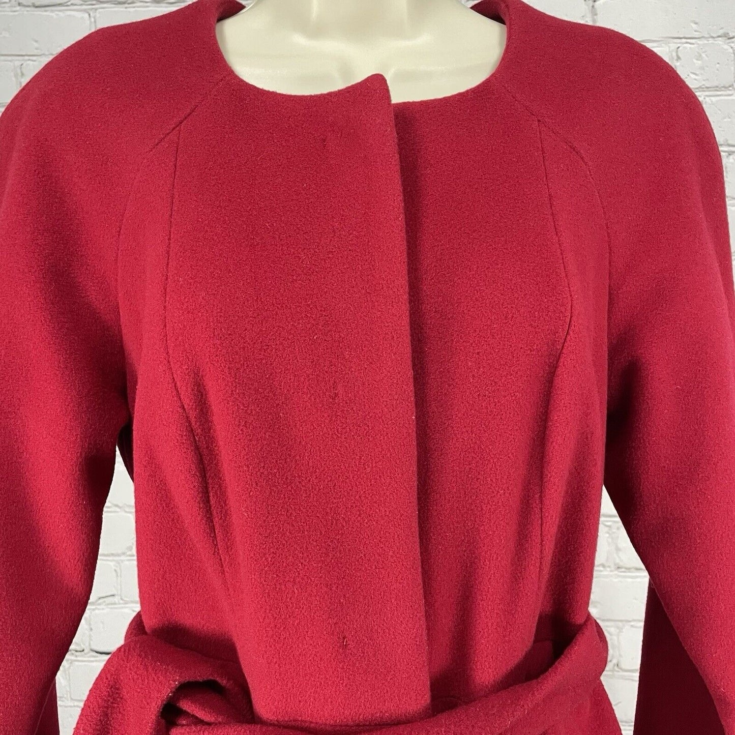 Alfani Red 100% Wool Long Snap Coat Belted Classic Pleated Lined Size XS