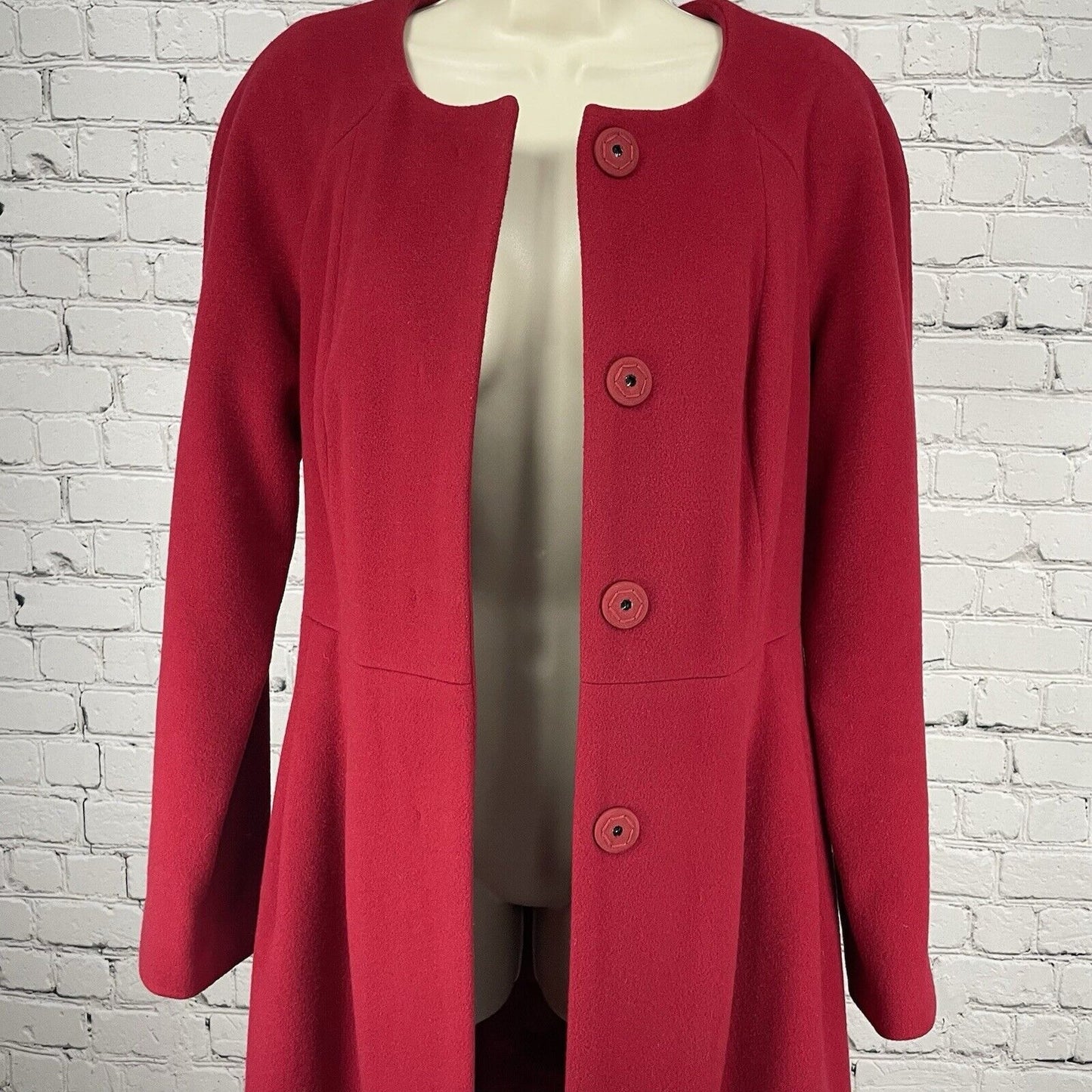 Alfani Red 100% Wool Long Snap Coat Belted Classic Pleated Lined Size XS