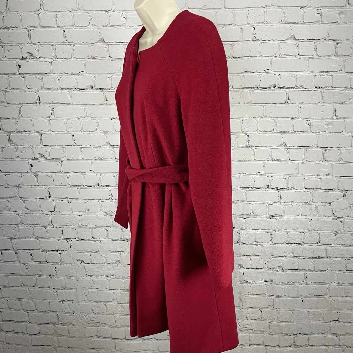 Alfani Red 100% Wool Long Snap Coat Belted Classic Pleated Lined Size XS