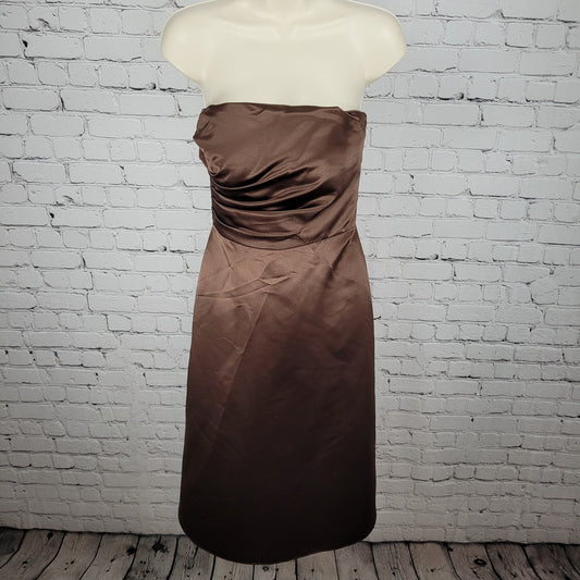 Bill Levkoff Classics Brown Satin Pleated Ruched Strapless A Line Dress Size 8