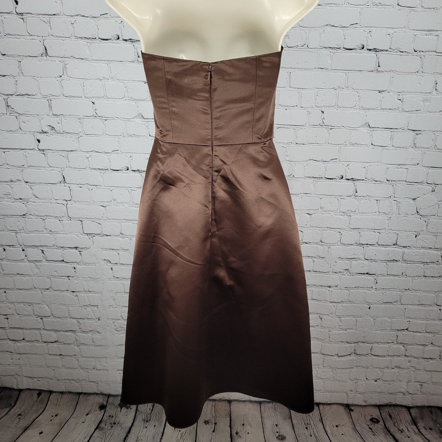 Bill Levkoff Classics Brown Satin Pleated Ruched Strapless A Line Dress Size 8