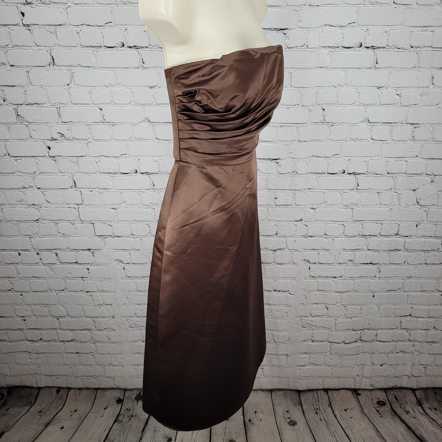 Bill Levkoff Classics Brown Satin Pleated Ruched Strapless A Line Dress Size 8