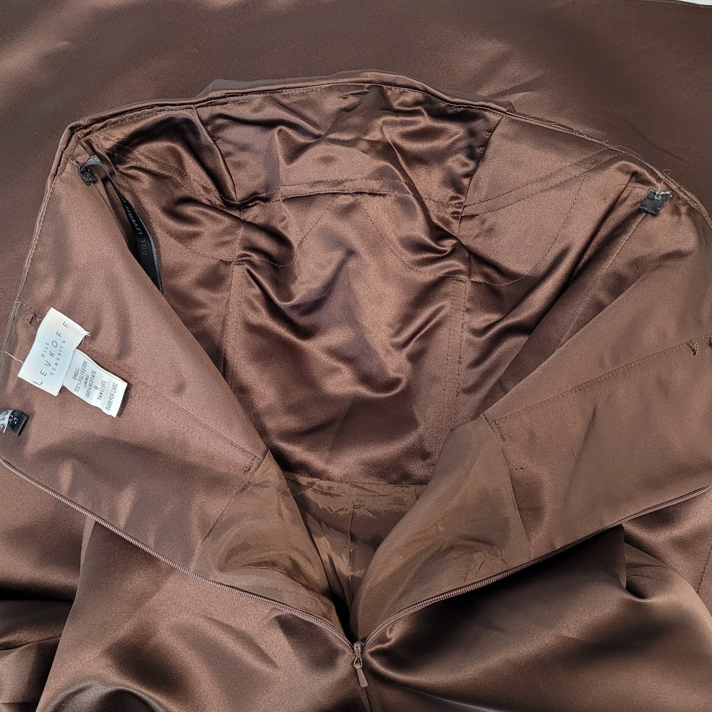 Bill Levkoff Classics Brown Satin Pleated Ruched Strapless A Line Dress Size 8
