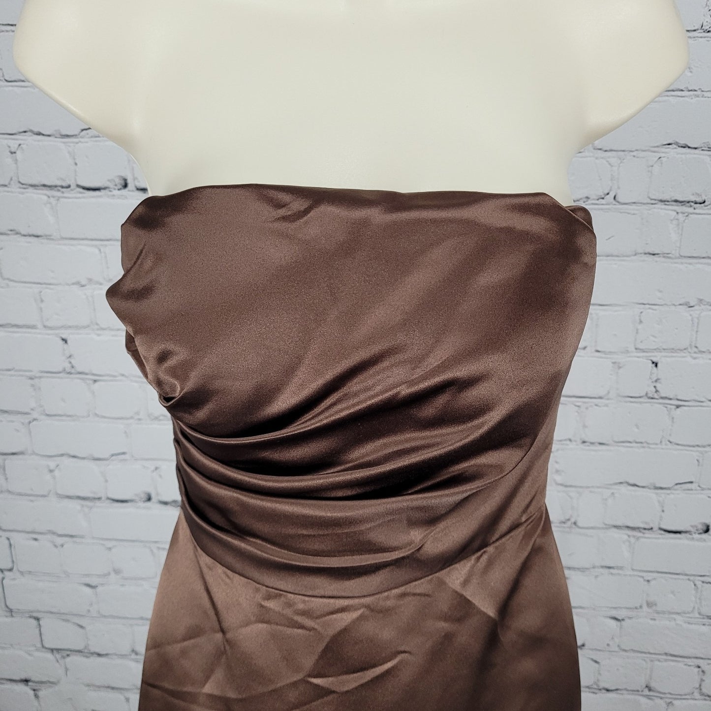 Bill Levkoff Classics Brown Satin Pleated Ruched Strapless A Line Dress Size 8