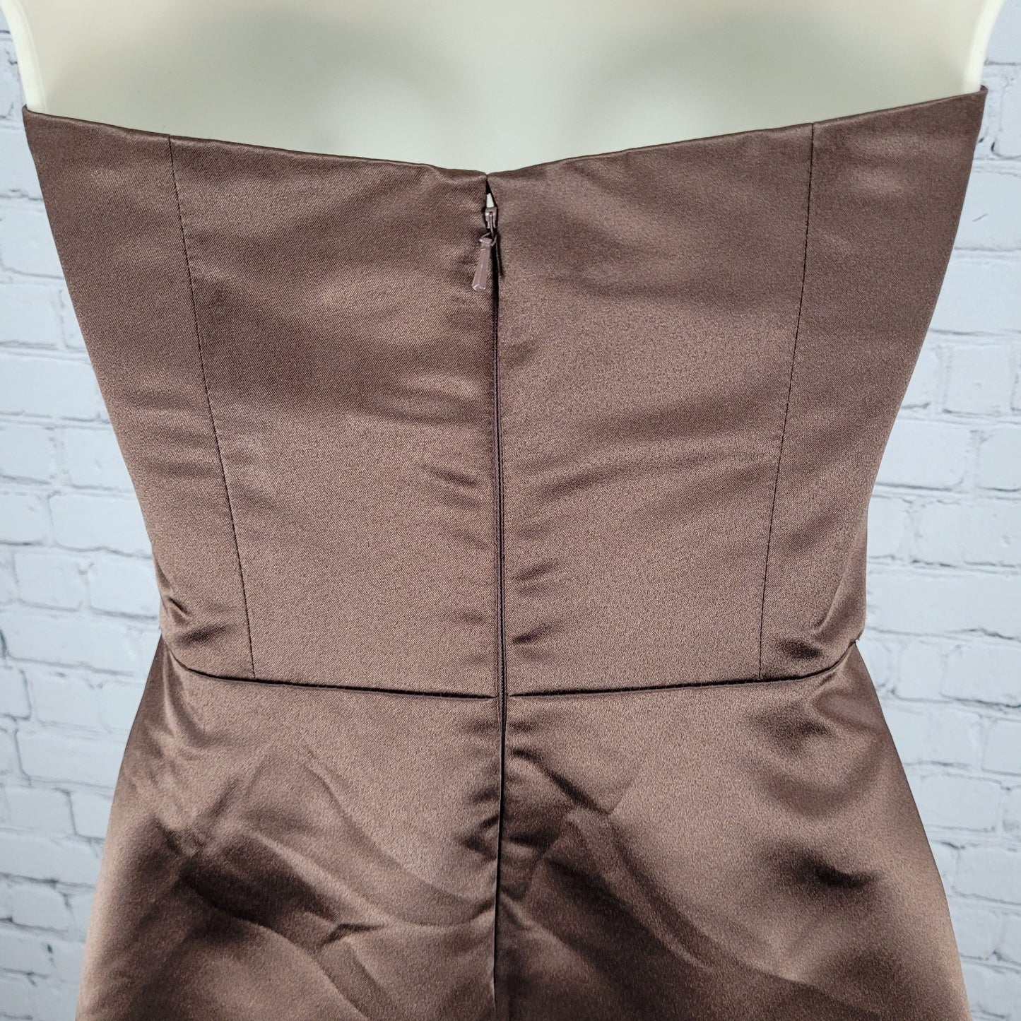 Bill Levkoff Classics Brown Satin Pleated Ruched Strapless A Line Dress Size 8