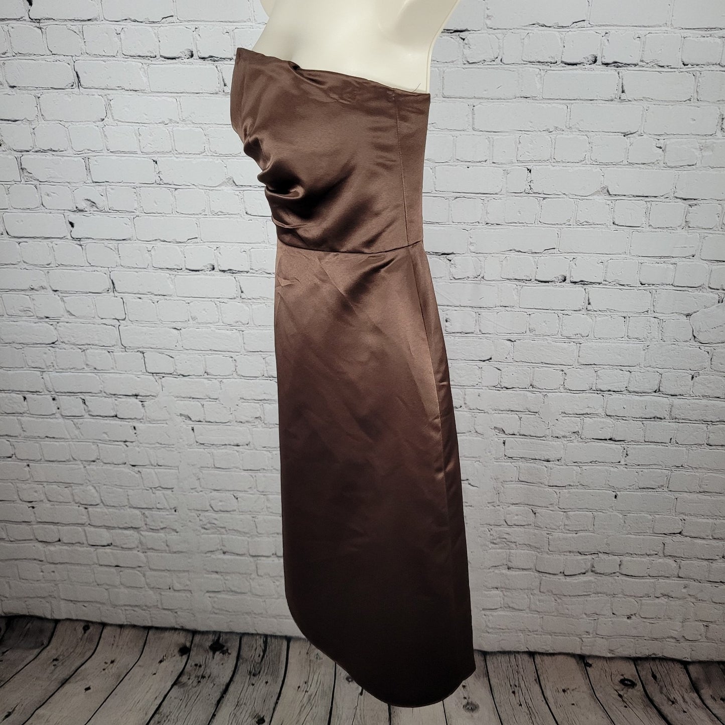 Bill Levkoff Classics Brown Satin Pleated Ruched Strapless A Line Dress Size 8
