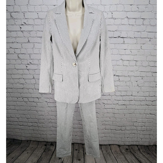 Adrianna Papell Ivory Grey Striped Full Pant Suit 2 Piece Set XS 4 (26x27)