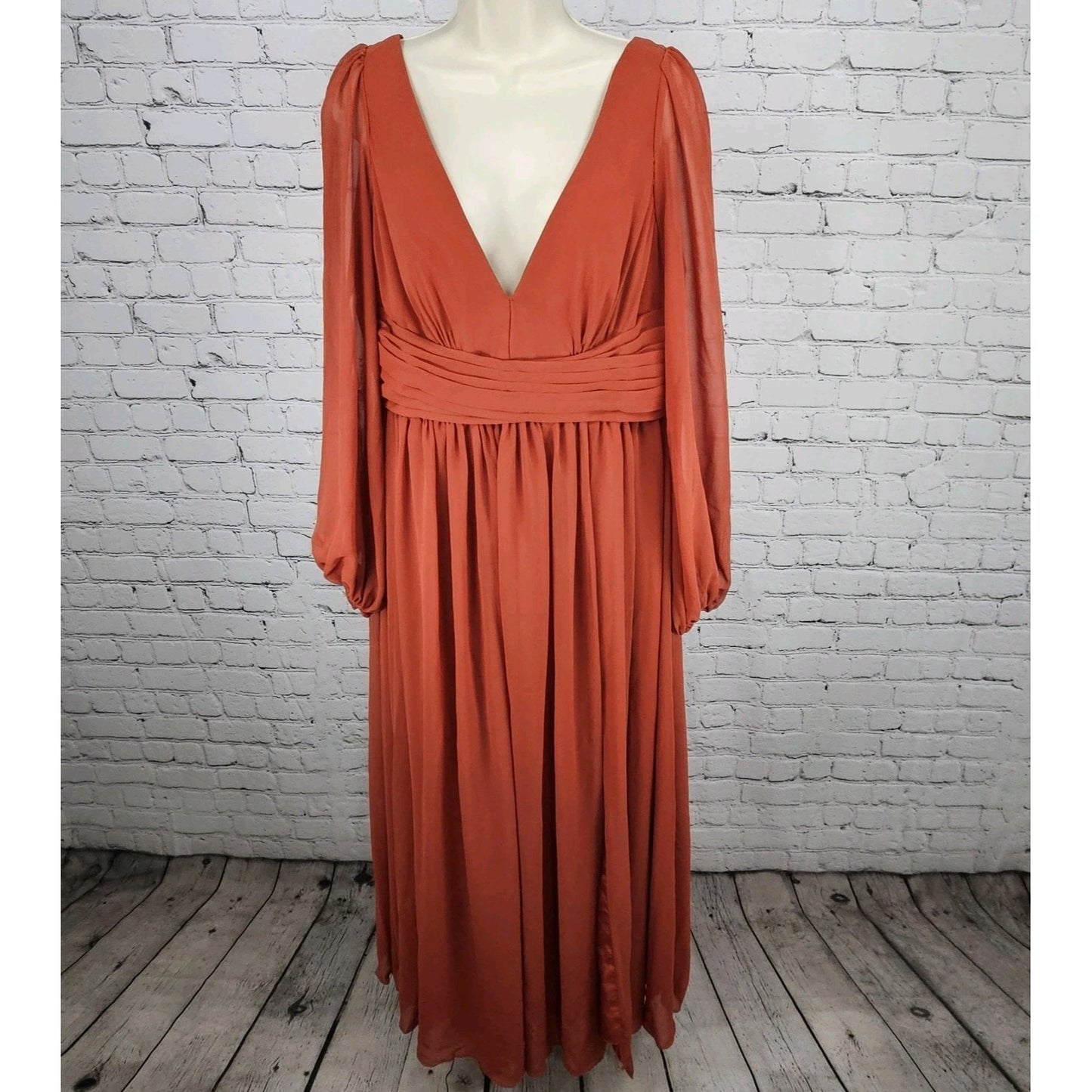 Azazie Orange Chiffon Long Sleeve Empire Waist Pleated Backless Maxi Dress A14