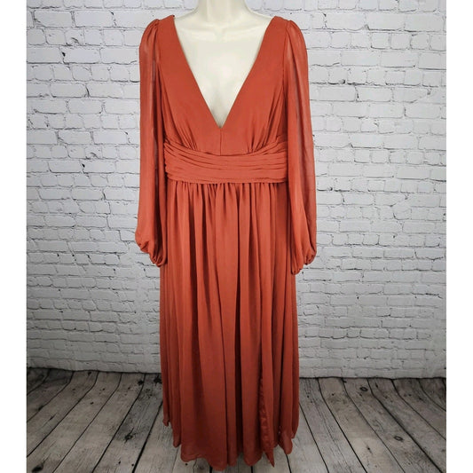Azazie Orange Chiffon Long Sleeve Empire Waist Pleated Backless Maxi Dress A14