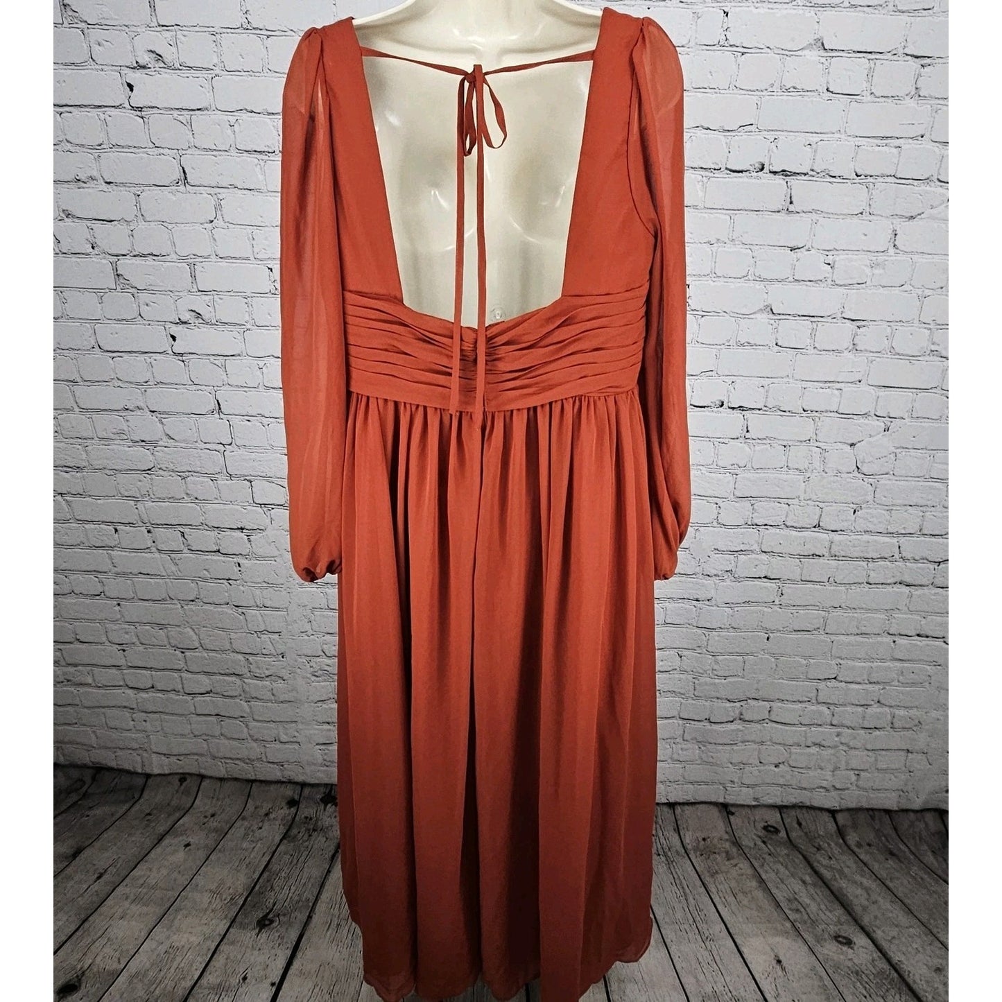 Azazie Orange Chiffon Long Sleeve Empire Waist Pleated Backless Maxi Dress A14