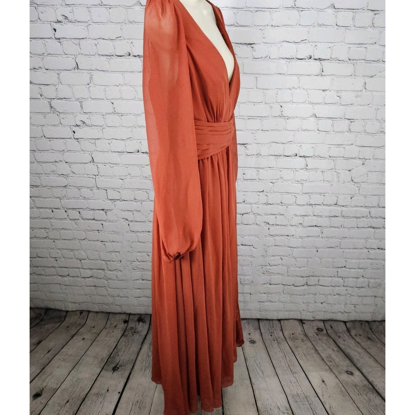 Azazie Orange Chiffon Long Sleeve Empire Waist Pleated Backless Maxi Dress A14