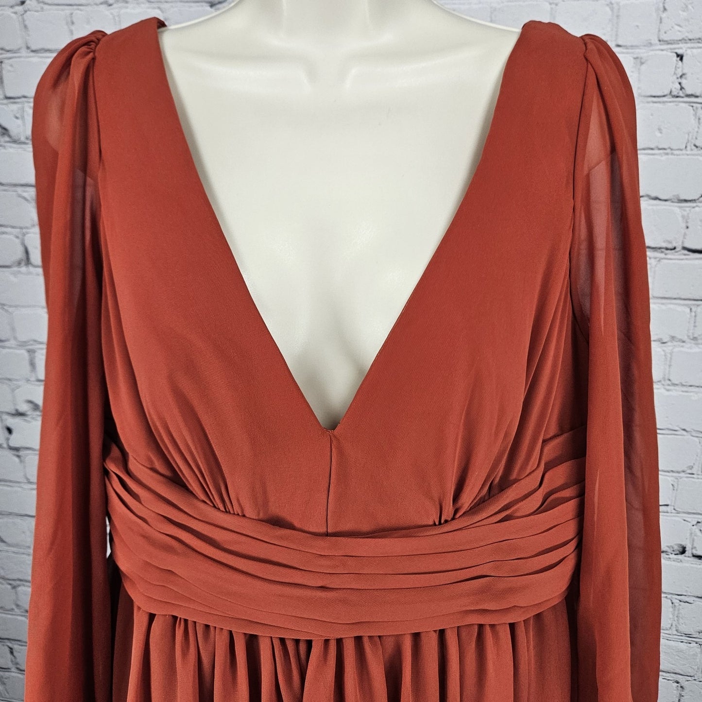 Azazie Orange Chiffon Long Sleeve Empire Waist Pleated Backless Maxi Dress A14