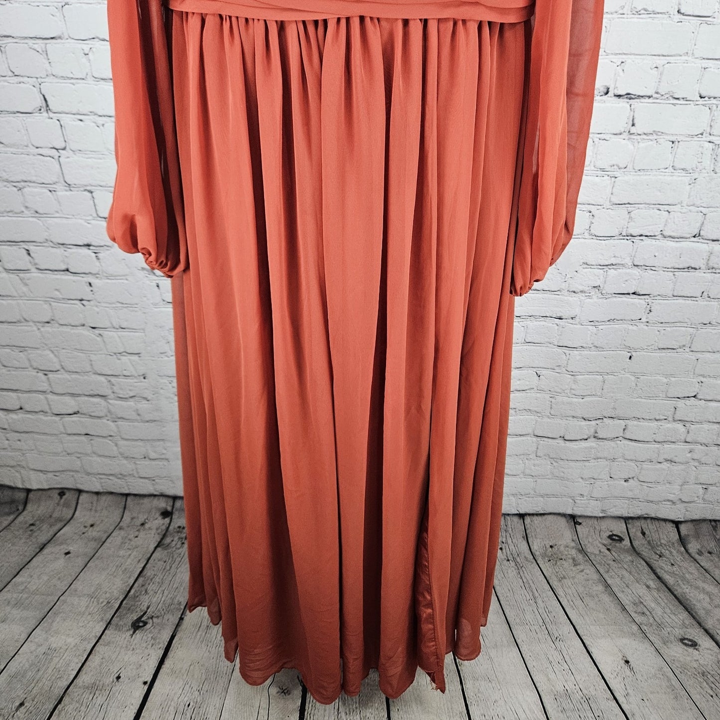 Azazie Orange Chiffon Long Sleeve Empire Waist Pleated Backless Maxi Dress A14