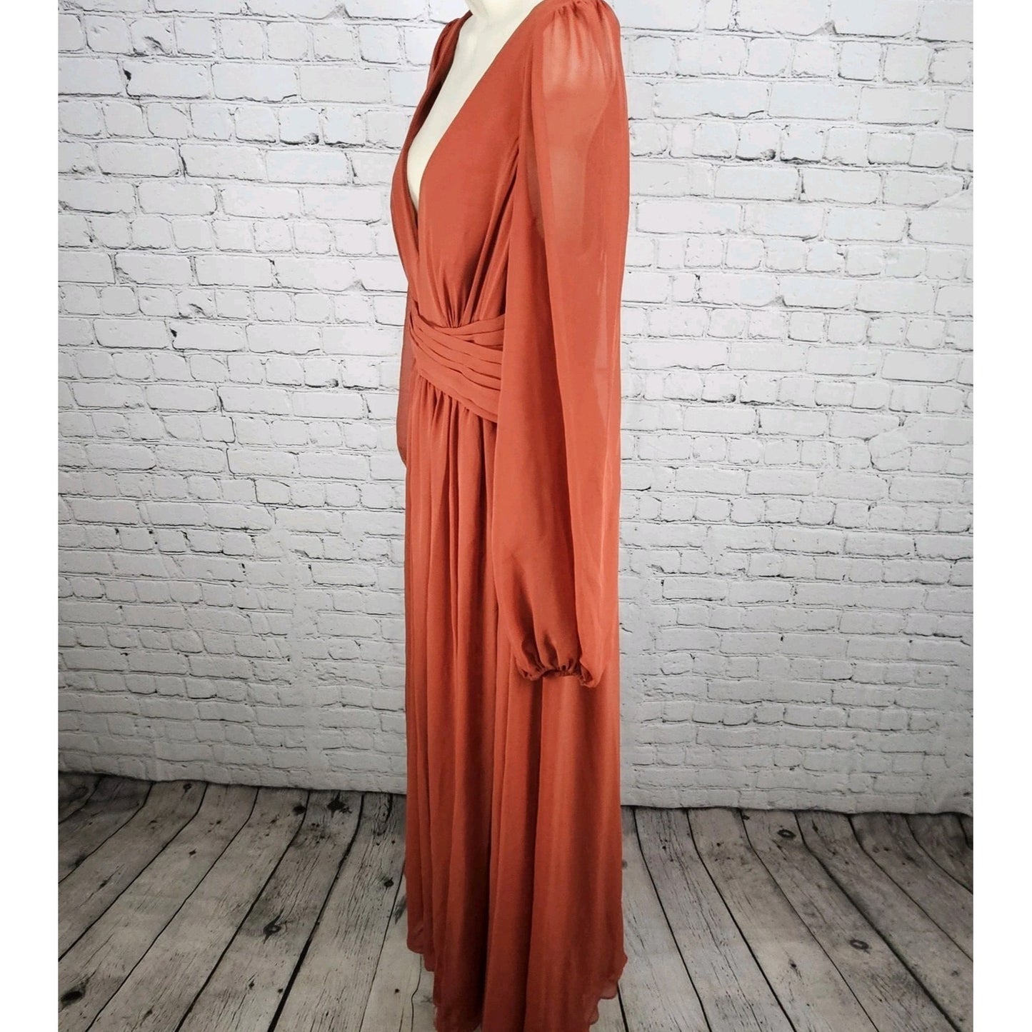 Azazie Orange Chiffon Long Sleeve Empire Waist Pleated Backless Maxi Dress A14