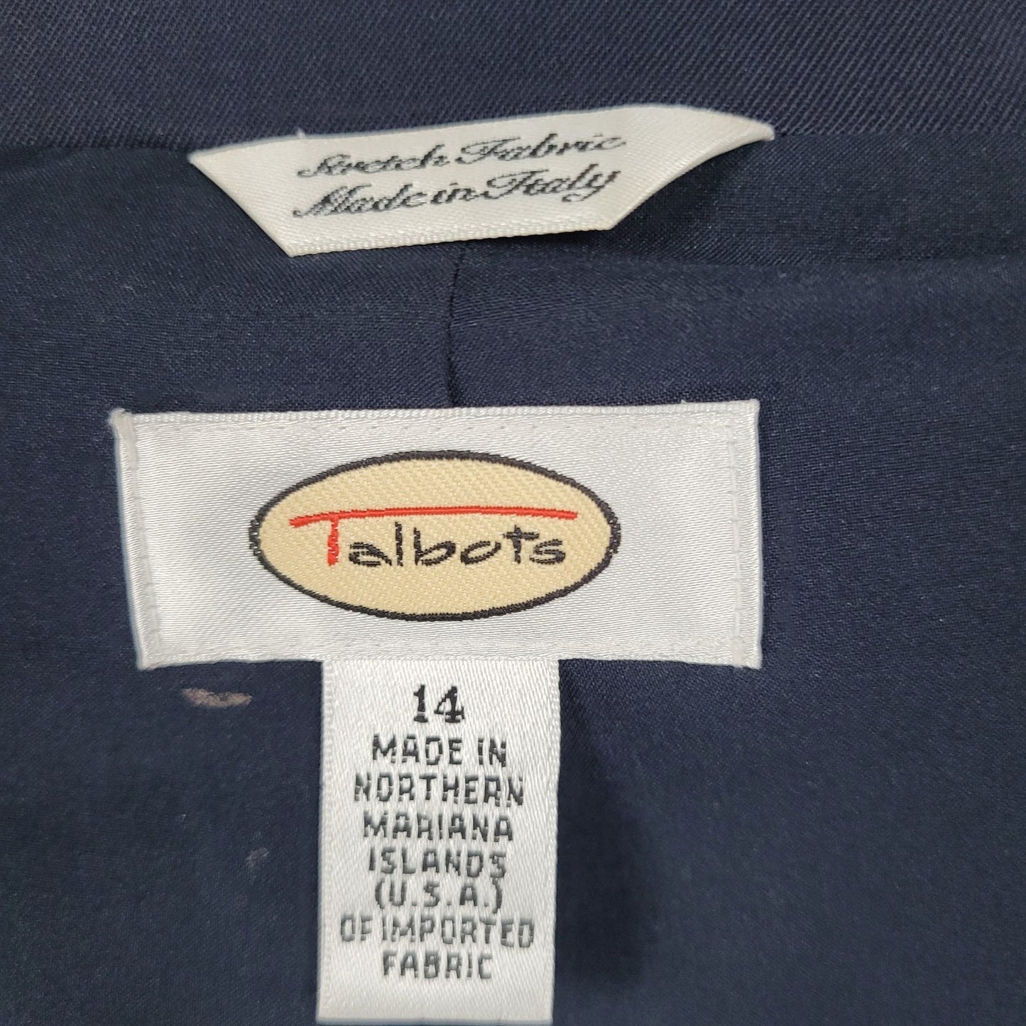 Talbots Blue Italian Wool Stretch 3 Button Peak Blazer USA Made Size 14